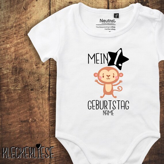 kleckerliese Babybody Body mit Wunschname "Mein 1. Geburtstag Affe mit Wunschname" Fair Wear, Bio, Organic Baby Jungen Mädchen