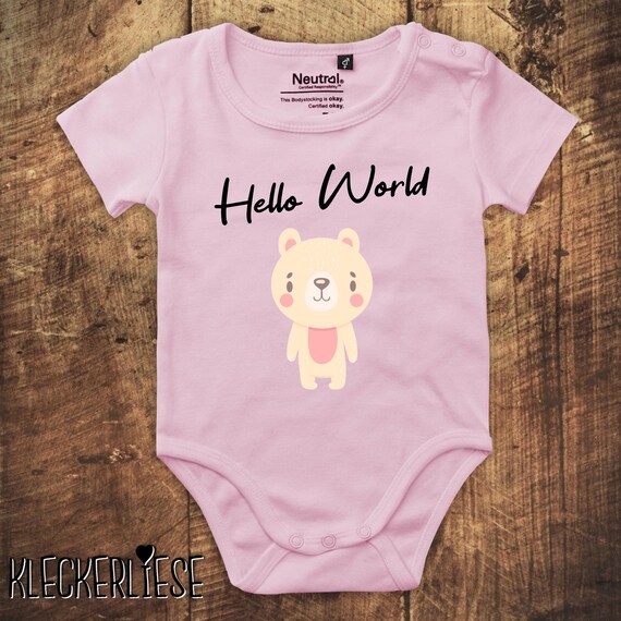 kleckerliese Babybody Body mit Wunschname "Hello World Eisbär" Fair Wear, Bio, Organic Baby Jungen Mädchen