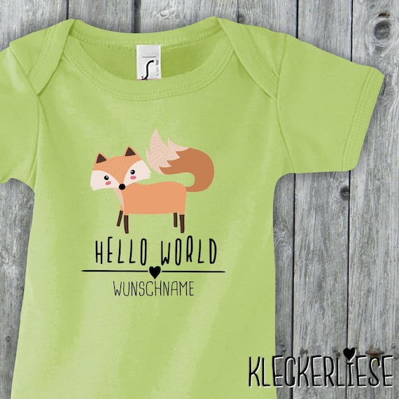 Baby Body mit Wunschname "Hello World Fuchs Wunschname" Babybody Strampler Jungen Mädchen