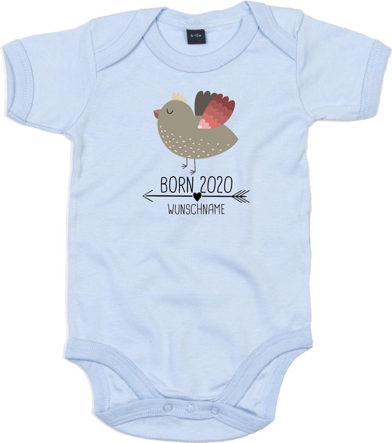 kleckerliese Baby Body "Born 2020 Tiermotiv Pfeil Wunschname Name Text Vogel" mit Wunschtext oder Name Strampler Jungen Mädchen Kurzarm