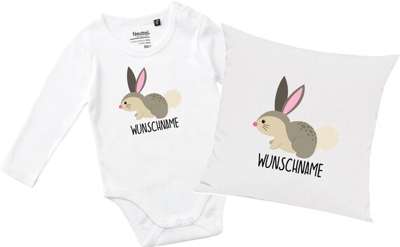 kleckerliese Geschenkset Geburt Kissen Langarm Body mit Tiermotiv "Hase" Fair Wear mit Kissenfüllung