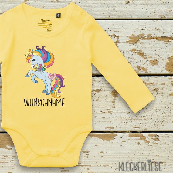 Long-sleeved bodysuit baby body "Unicorn" with desired name Fair Wear Bio Organic