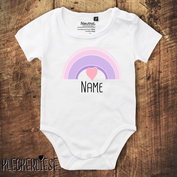 kleckerliese Babybody Body mit Wunschname "Regenbogen mit Wunschname" Fair Wear, Bio, Organic Baby Jungen Mädchen