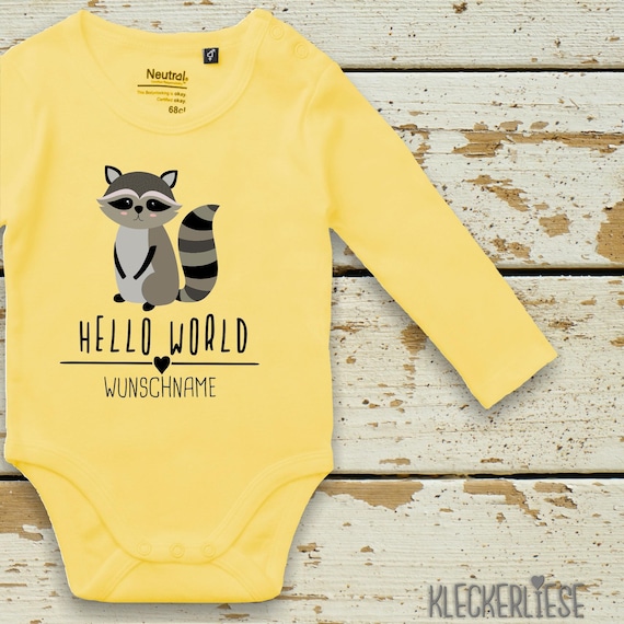 Langarm Body mit Wunschname Babybody "Hello World Waschbär Wunschname" Fair Wear Bio Organic