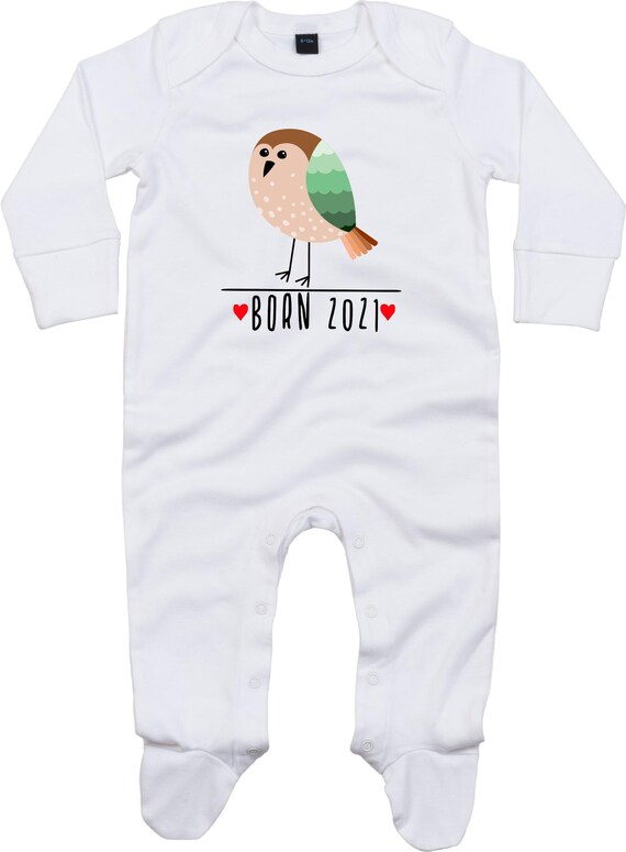 Kleckerliese Baby Schlafanzug "Born 2021 Tiermotiv Vogel" Sleepsuit Langarm Jungen Mädchen Einteiler Strampler