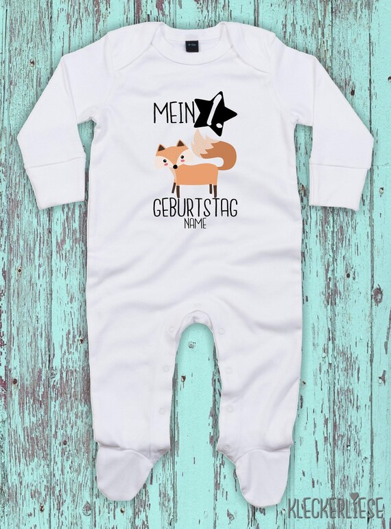 Baby Schlafanzug mit Wunschtext "Mein 1. Geburtstag Fuchs mit Wunschname" Sleepsuit Langarm Jungen Mädchen Einteiler Strampler