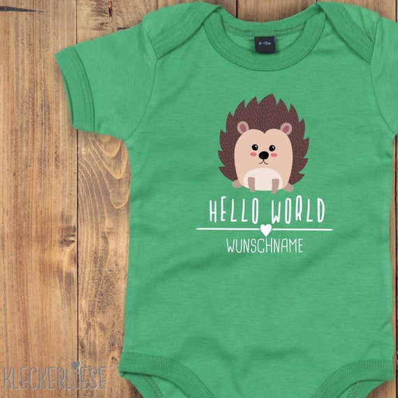 Baby Body mit Wunschtext "Hello World Igel Wunschname" Babybody Strampler Jungen Mädchen Kurzarm