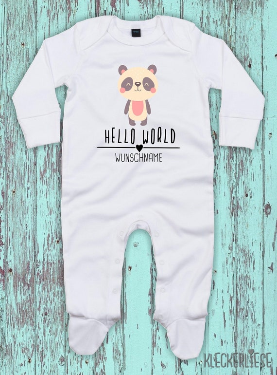 Baby Schlafanzug mit Wunschtext "Hello World Pandabär Wunschname" Sleepsuit Langarm Jungen Mädchen Einteiler Strampler