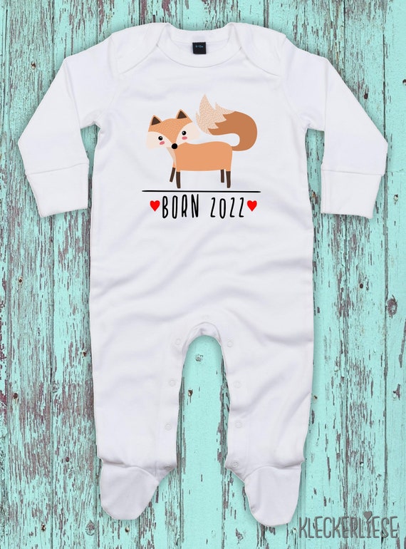 Kleckerliese Baby Schlafanzug "Born 2022 Tiermotiv Fuchs" Sleepsuit Langarm Jungen Mädchen Einteiler Strampler