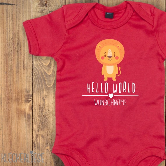 Baby Body mit Wunschtext "Hello World Löwe Wunschname" Babybody Strampler Jungen Mädchen Kurzarm