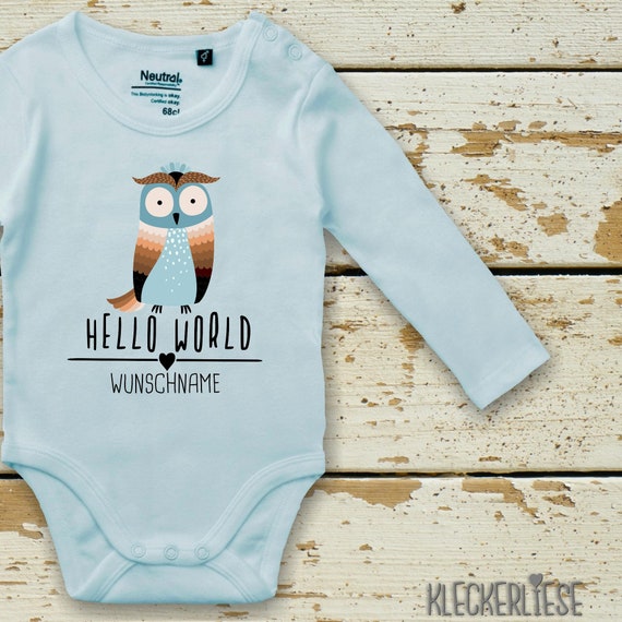 Langarm Body mit Wunschname Babybody "Hello World Eule Wunschname" Fair Wear Bio Organic