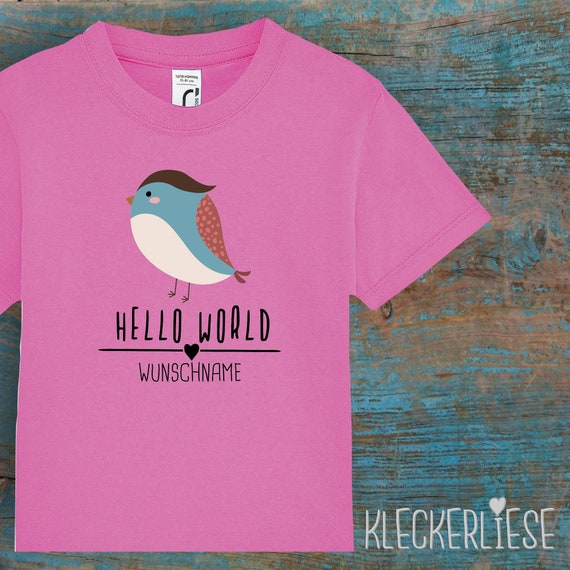 Kinder Baby Shirt mit Wunschname Kleinkind "Hello World Vogel Wunschname" T-Shirt Jungen Mädchen