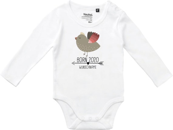 kleckerliese Langarm Babybody "Born 2020 Tiermotiv Pfeil Wunschname Name Text Vogel" mit oder Name Baby Body Jungen Mädchen Fair Wear