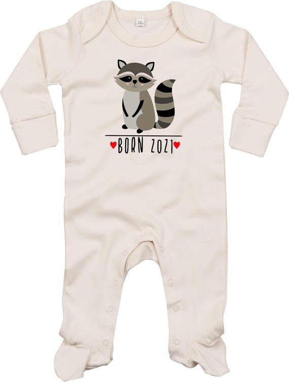 Kleckerliese Baby Schlafanzug "Born 2021 Tiermotiv Waschbär" Sleepsuit Langarm Jungen Mädchen Einteiler Strampler