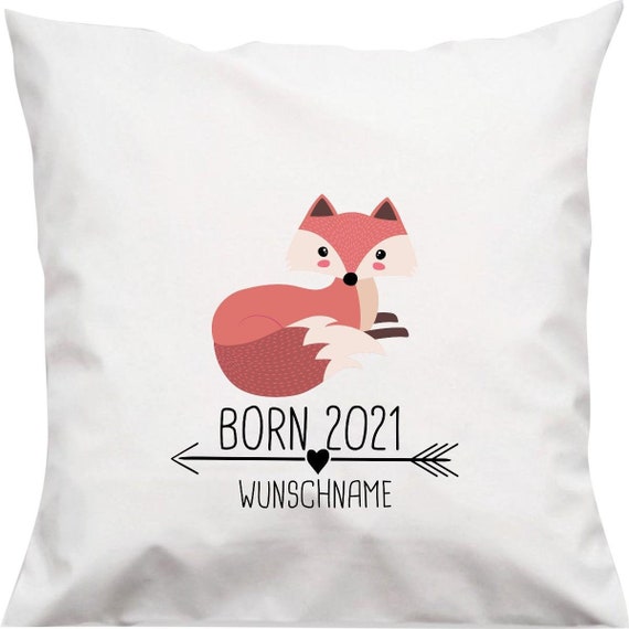 kleckerliese Kissen "Born 2021 Tiermotiv Pfeil Wunschname Name Text Fuchs" Kissenhülle Deko Sofa Kuschelkissen Dekoidee