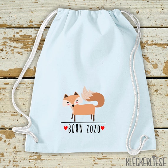 Kleckerliese Kinder Gymsack "Born 2020 Tiermotiv Fuchs" Rucksack Bag Stoffbeutel Turnbeutel Tragetasche