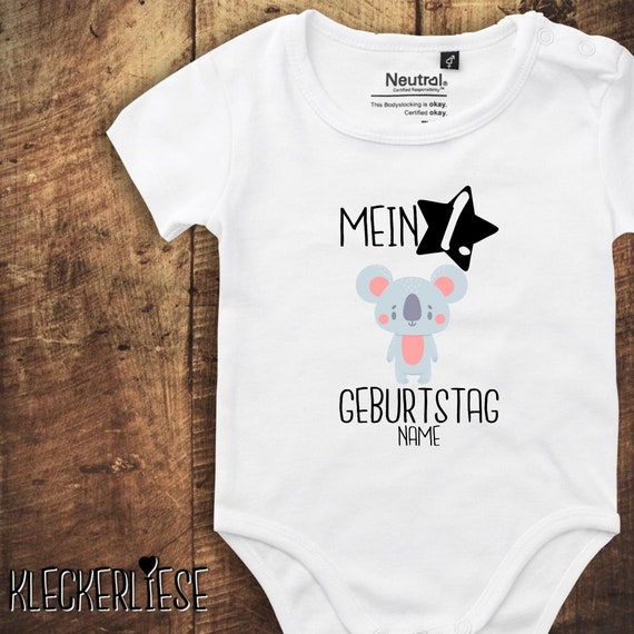 kleckerliese Babybody Body mit Wunschname "Mein 1. Geburtstag Koala mit Wunschname" Fair Wear, Bio, Organic Baby Jungen Mädchen