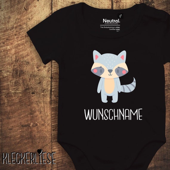 kleckerliese baby bodysuit "animal motif with desired name raccoon" with desired text or name Fair Wear boys girls