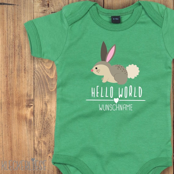 Baby Body mit Wunschtext "Hello World Hase Wunschname" Babybody Strampler Jungen Mädchen Kurzarm