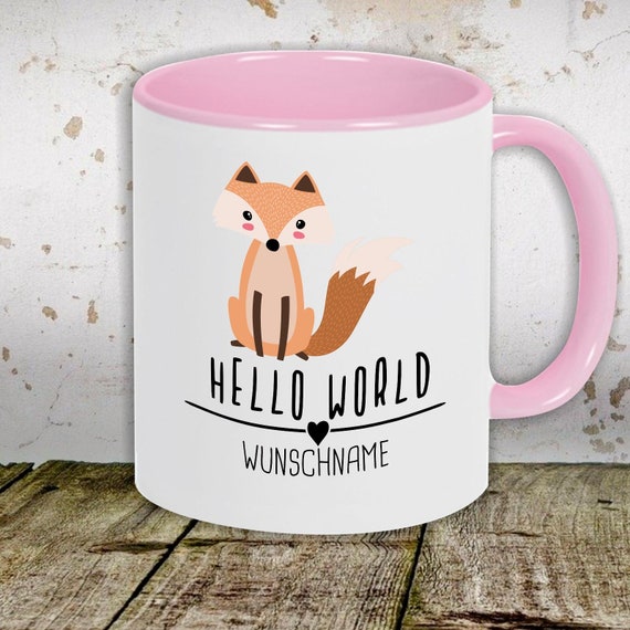 Kaffeetasse mit Wunschnamen Tasse Motiv "Hello World Fuchs Wunschname" Tasse Teetasse Milch Kakao