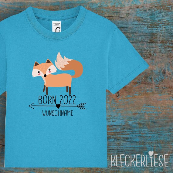 Kinder Baby Shirt mit Wunschname Kleinkind "Born 2022 Tiermotiv Pfeil Wunschname Name Text Fuchs" T-Shirt Jungen Mädchen