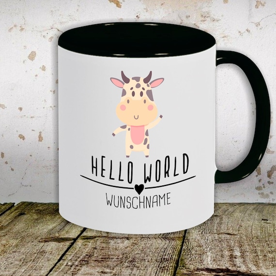 Kaffeetasse mit Wunschnamen Tasse Motiv "Hello World Kuh Wunschname" Tasse Teetasse Milch Kakao