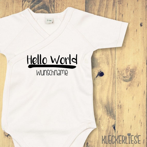 Wickelbody mit Wunschtext "Hello World Wunschname" Babybody Strampler Wickelbody Organic Kimono Kurzarm Baby Body