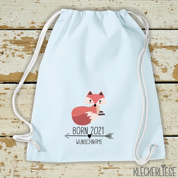 Kleckerliese Kinder Gymsack "Born 2021 Tiermotiv Pfeil Wunschname Name Text Fuchs" Rucksack Bag Stoffbeutel Turnbeutel Tragetasche