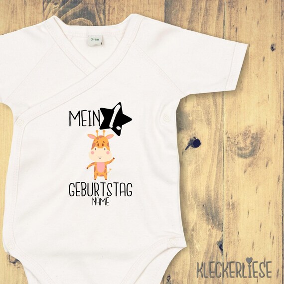 Wickelbody mit Wunschtext "Mein 1. Geburtstag Giraffe mit Wunschname" Babybody Strampler Wickelbody Organic Kimono Kurzarm Baby Body