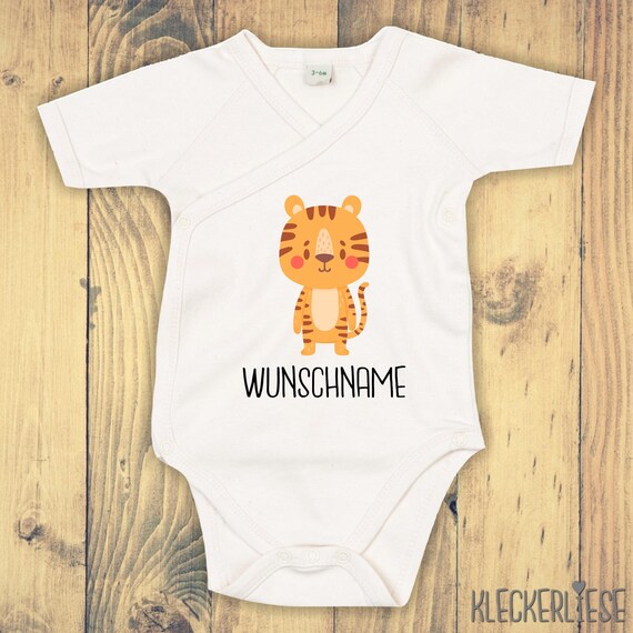 Wickelbody mit Wunschtext "Tiermotiv mit Wunschnamen Tiger" Babybody Strampler Wickelbody Organic Kimono Kurzarm Baby Body