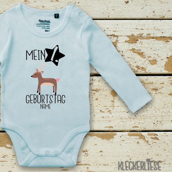 Langarm Body mit Wunschname Babybody "Mein 1. Geburtstag Reh mit Wunschname" Fair Wear Bio Organic