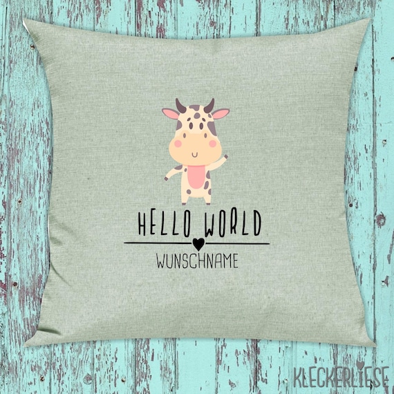 kleckerliese Kissen mit Wunschname "Hello World Kuh Wunschname" Kissenhülle Deko Sofa Hülle Kissenbezug