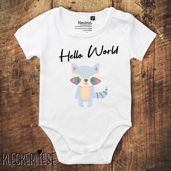 kleckerliese Babybody Body "Hello World Waschbär" Fair Wear, Bio, Organic Baby Jungen Mädchen