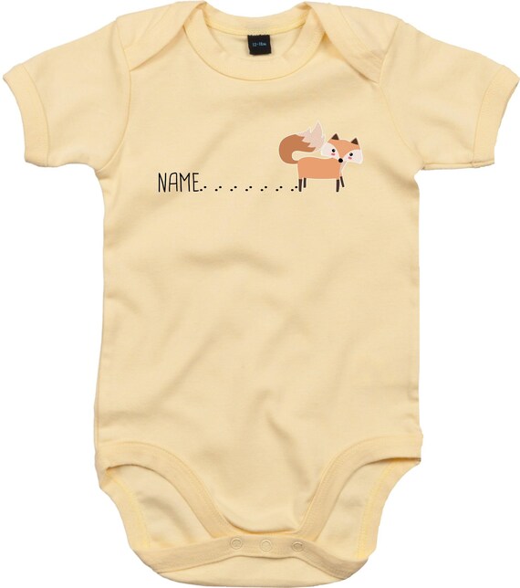 kleckerliese Baby Body "Wunschname Fuchs mit Spur Name Fox" mit Wunschtext oder Name Babybody Strampler Jungen Mädchen Kurzarm