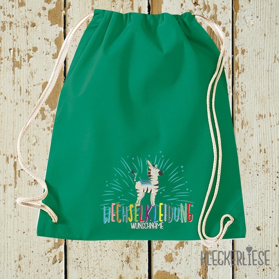 Kleckerliese Turnbeutel "Wechselkleidung Zebra Wunschname" Rucksack Bag Stoffbeutel Gymsack Kita Schule  Einschulung Wechselsachen 27 Farben