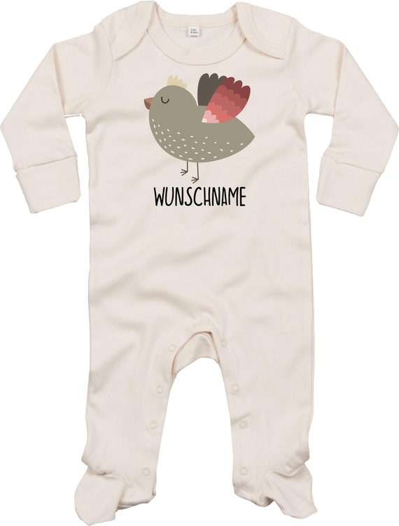 Kleckerliese Baby Schlafanzug mit Wunschnamen "Wunschname Vogel" Sleepsuit Langarm Jungen Mädchen Einteiler Strampler