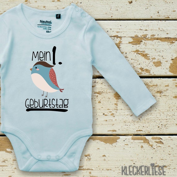 Langarm Body Babybody "Mein 1. Geburtstag Vogel" Fair Wear Bio Organic