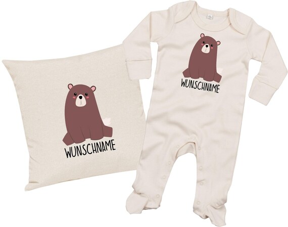 kleckerliese Geschenkset Geburt Kissen Schlafanzug mit Tiermotiv "Bär" Fair Wear mit Kissenfüllung