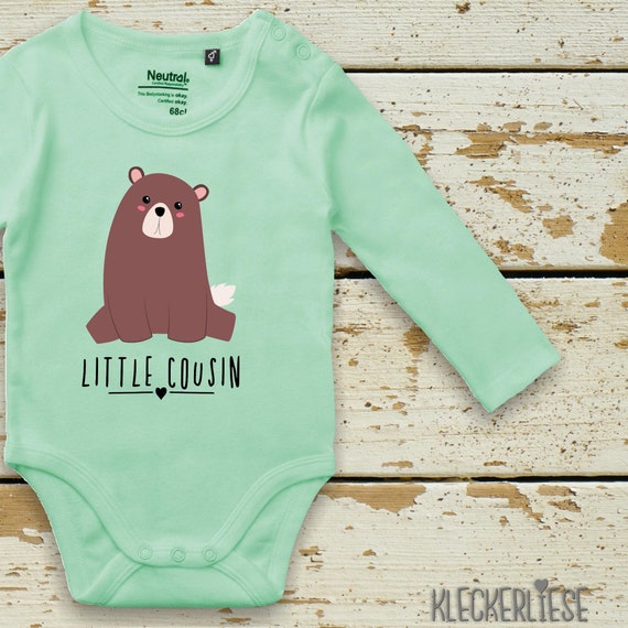 Long sleeve baby bodysuit "Little Cousin" animal motif bear brown bear longbody bodysuit fair wear