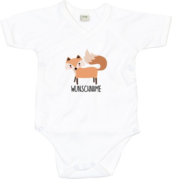 kleckerliese Wickel Baby Body "Wunschname Fuchs" Babybody Strampler Wickelbody Organic Kimono Kurzarm