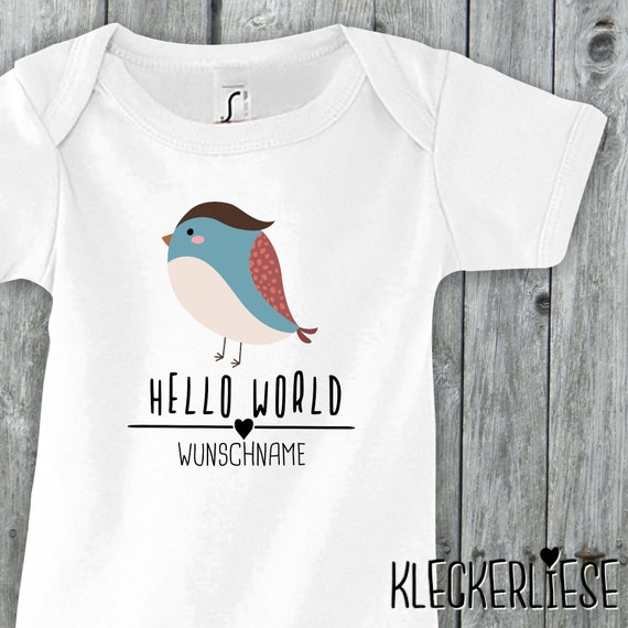 Baby Body mit Wunschname "Hello World Vogel Wunschname" Babybody Strampler Jungen Mädchen