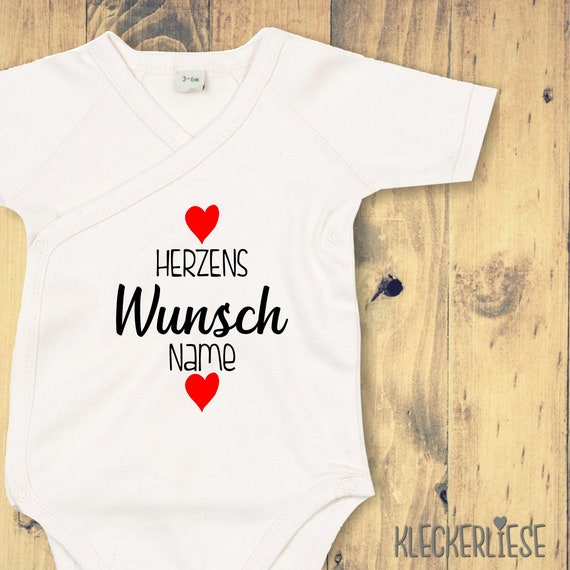 Wickelbody mit Wunschtext "Herzens Wunsch mit Wunschname" Babybody Strampler Wickelbody Organic Kimono Kurzarm Baby Body