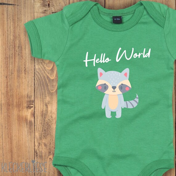 Baby Body "Hello World Waschbär" Babybody Strampler Jungen Mädchen Kurzarm