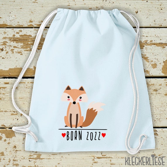 Kleckerliese Kinder Gymsack "Born 2022 Tiermotiv Fuchs" Rucksack Bag Stoffbeutel Turnbeutel Tragetasche