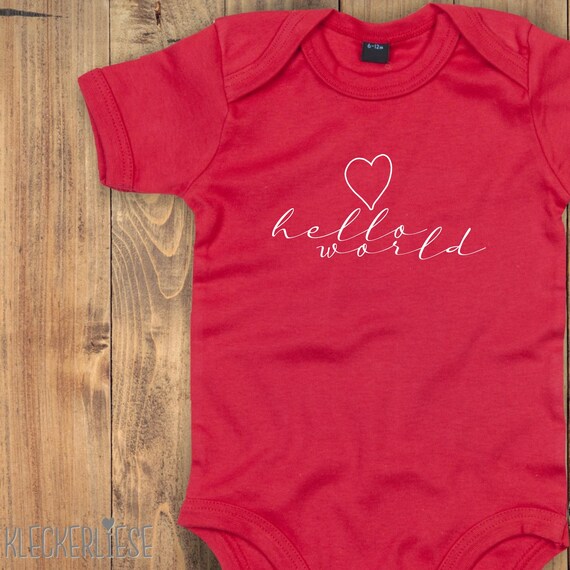 Baby Body "Hello World Herz" Babybody Strampler Jungen Mädchen Kurzarm