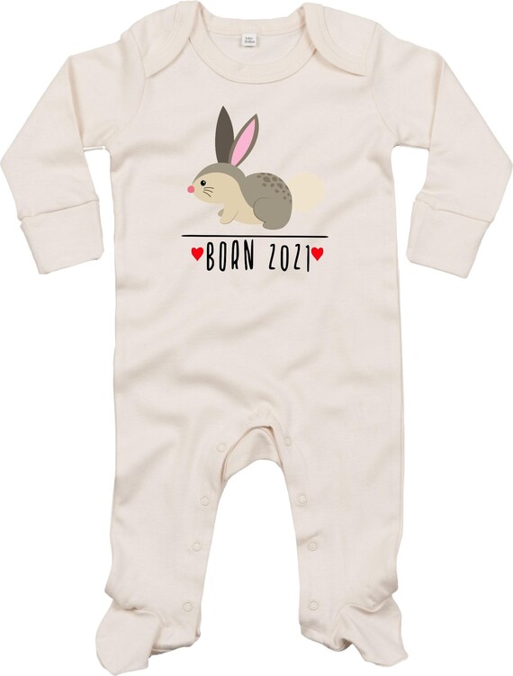 Kleckerliese Baby Schlafanzug "Born 2021 Tiermotiv Hase " Sleepsuit Langarm Jungen Mädchen Einteiler Strampler