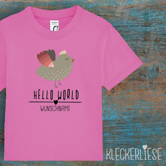 Kinder Baby Shirt mit Wunschname Kleinkind "Hello World Vogel Wunschname" T-Shirt Jungen Mädchen