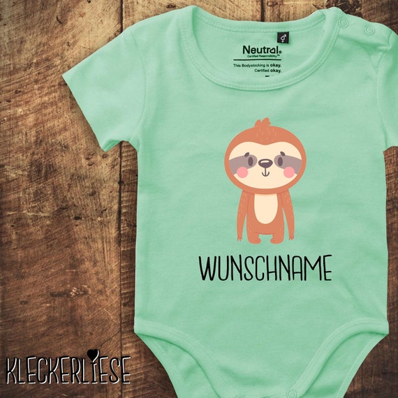 kleckerliese baby bodysuit "animal motif with desired name sloth" with desired text or name Fair Wear boys girls