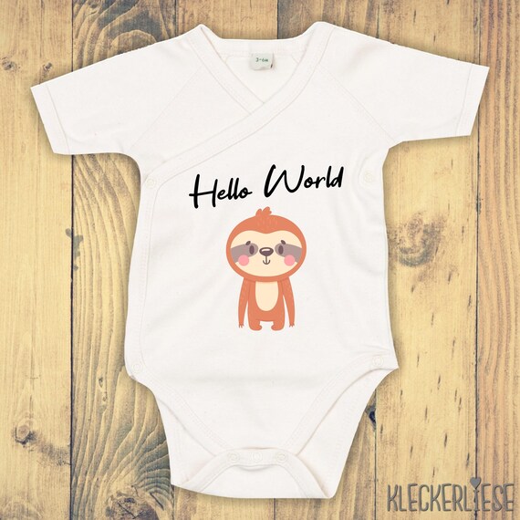 kleckerliese Wickel Baby Body "Hello World Faultier" Babybody Strampler Wickelbody Organic Kimono Kurzarm