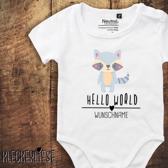 kleckerliese Babybody Body mit Wunschname "Hello World Waschbär Wunschname" Fair Wear, Bio, Organic Baby Jungen Mädchen